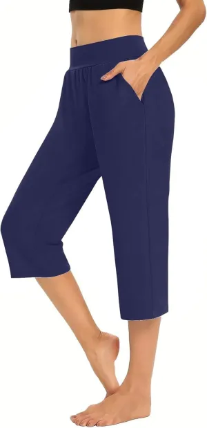 Women's Capri Pants Yoga Leggings with Pockets High Waisted Straight Cropped Pants Casual Cotton Summer Stretch