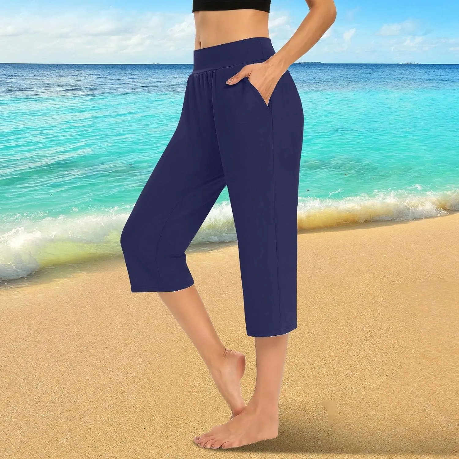 Women's Capri Pants Yoga Leggings with Pockets High Waisted Straight Cropped Pants Casual Cotton Summer Stretch