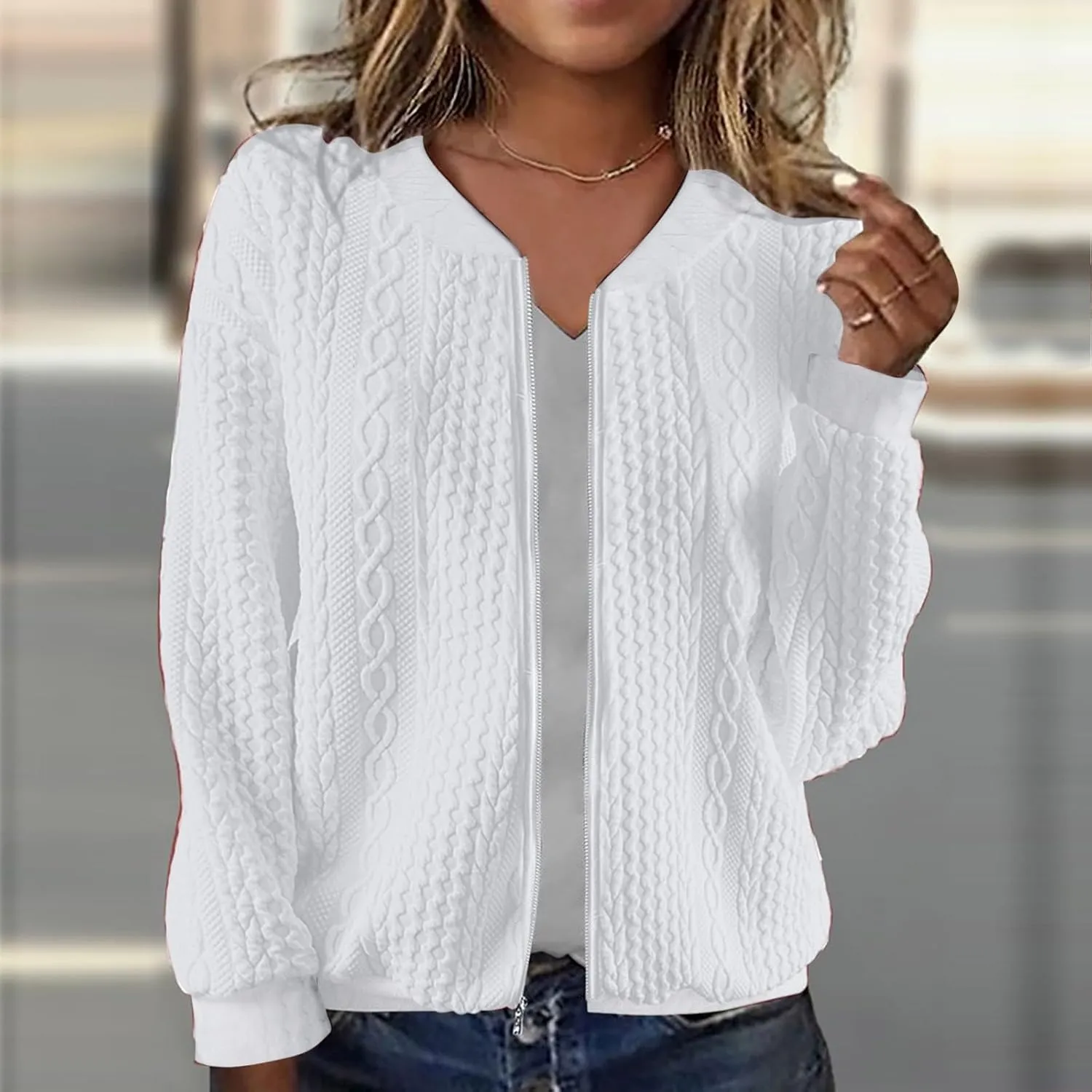 Women's Cardigan Zip Up Cable Knit Long Sleeve Trendy Y2K Sweater Jacket Crewneck Casual Teen Girls Coat 2024 Fall