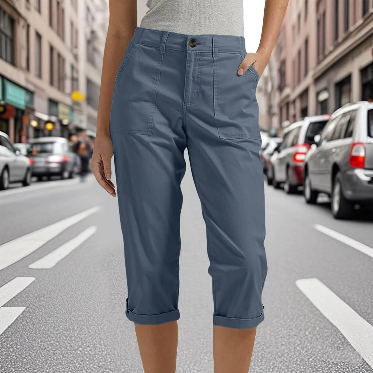 Women's Cargo Capri Pant Casual Loose-Fit Cuffed Hem Capris Pants Summer Cropped Pants, Zipper Fly with Button Closure