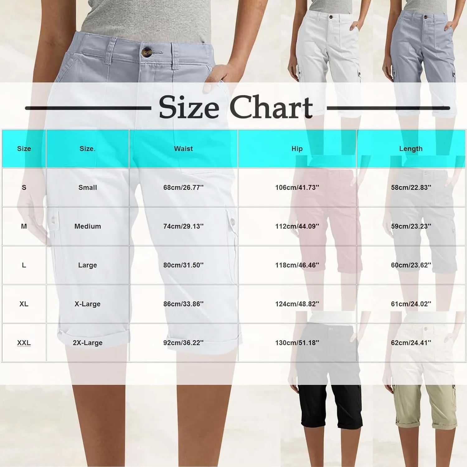 Women's Cargo Capri Pant Casual Loose-Fit Cuffed Hem Capris Pants Summer Cropped Pants, Zipper Fly with Button Closure