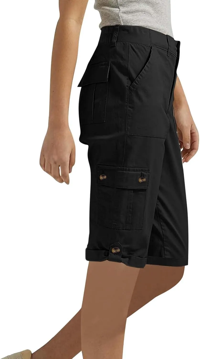Women's Cargo Capri Pant Casual Loose-Fit Cuffed Hem Capris Pants Summer Cropped Pants, Zipper Fly with Button Closure