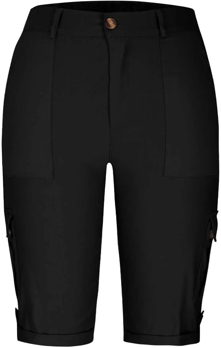 Women's Cargo Capri Pant Casual Loose-Fit Cuffed Hem Capris Pants Summer Cropped Pants, Zipper Fly with Button Closure
