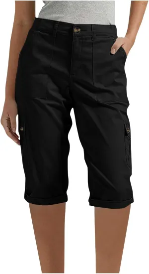 Women's Cargo Capri Pant Casual Loose-Fit Cuffed Hem Capris Pants Summer Cropped Pants, Zipper Fly with Button Closure