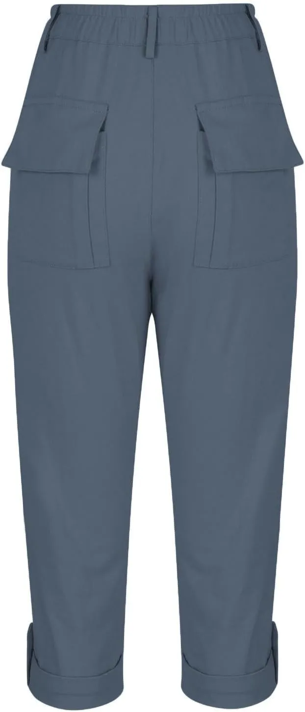 Women's Cargo Capri Pant Casual Loose-Fit Cuffed Hem Capris Pants Summer Cropped Pants, Zipper Fly with Button Closure