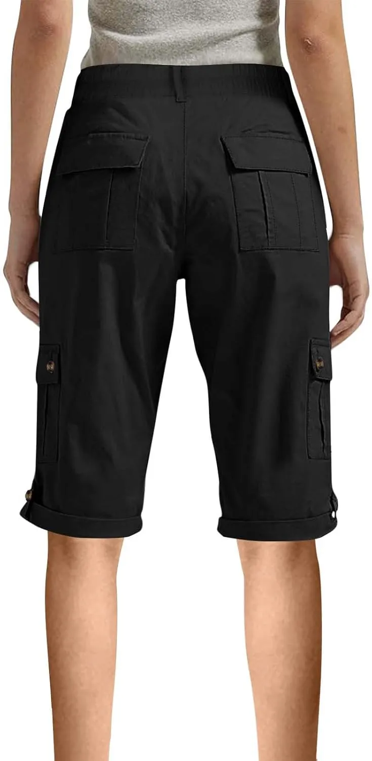 Women's Cargo Capri Pant Casual Loose-Fit Cuffed Hem Capris Pants Summer Cropped Pants, Zipper Fly with Button Closure