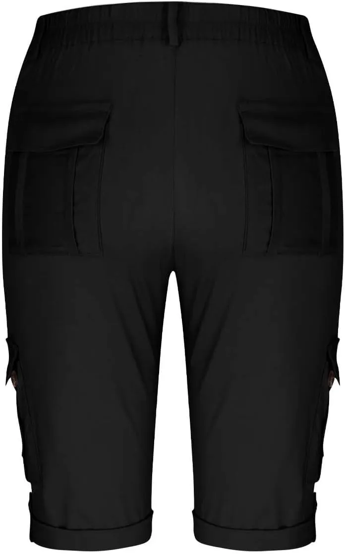 Women's Cargo Capri Pant Casual Loose-Fit Cuffed Hem Capris Pants Summer Cropped Pants, Zipper Fly with Button Closure