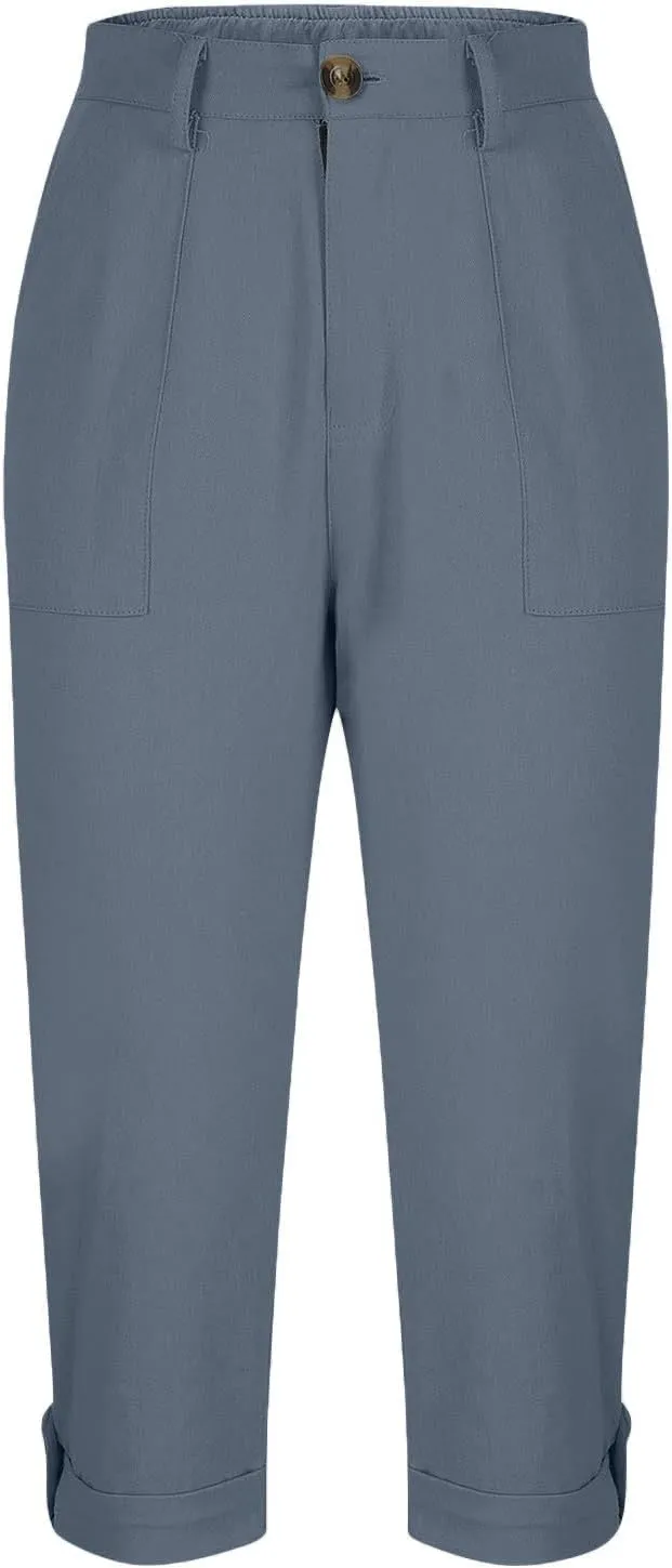 Women's Cargo Capri Pant Casual Loose-Fit Cuffed Hem Capris Pants Summer Cropped Pants, Zipper Fly with Button Closure