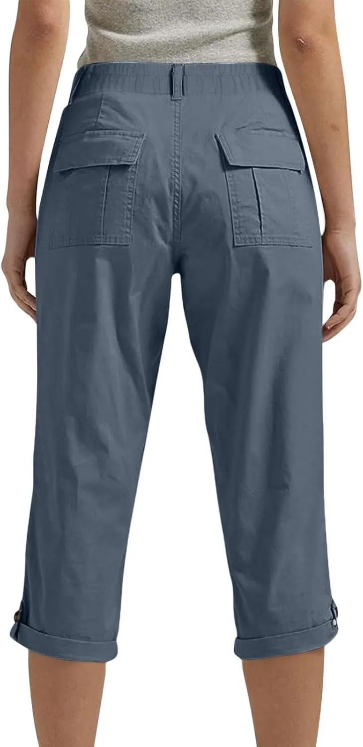 Women's Cargo Capri Pant Casual Loose-Fit Cuffed Hem Capris Pants Summer Cropped Pants, Zipper Fly with Button Closure