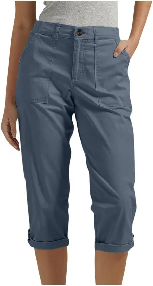 Women's Cargo Capri Pant Casual Loose-Fit Cuffed Hem Capris Pants Summer Cropped Pants, Zipper Fly with Button Closure
