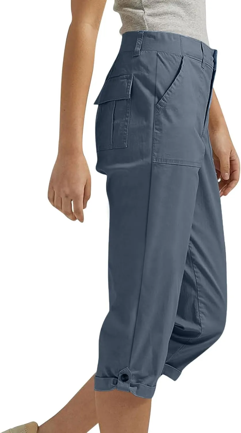 Women's Cargo Capri Pant Casual Loose-Fit Cuffed Hem Capris Pants Summer Cropped Pants, Zipper Fly with Button Closure