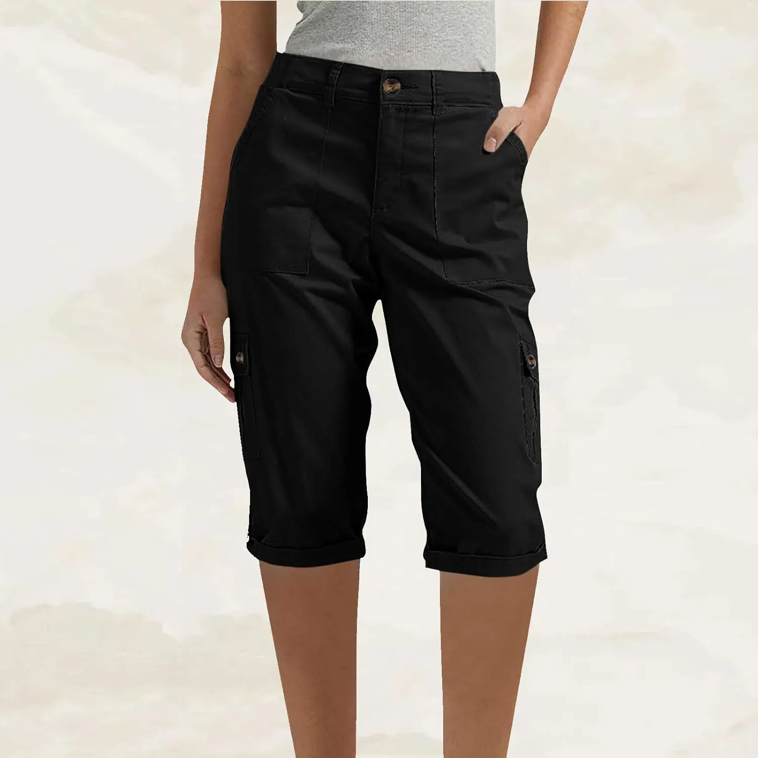 Women's Cargo Capri Pant Casual Loose-Fit Cuffed Hem Capris Pants Summer Cropped Pants, Zipper Fly with Button Closure
