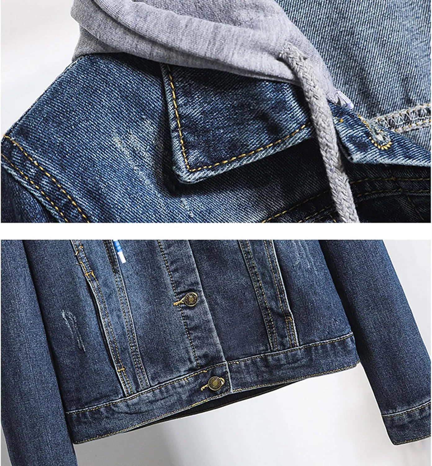 Women's Casual Denim Jackets Detachable Hoodie 3/4 Sleeve Cropped Denim Jacket Basic Button Jean Coats with Pockets
