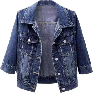 Women's Casual Denim Jackets Detachable Hoodie 3/4 Sleeve Cropped Denim Jacket Basic Button Jean Coats with Pockets