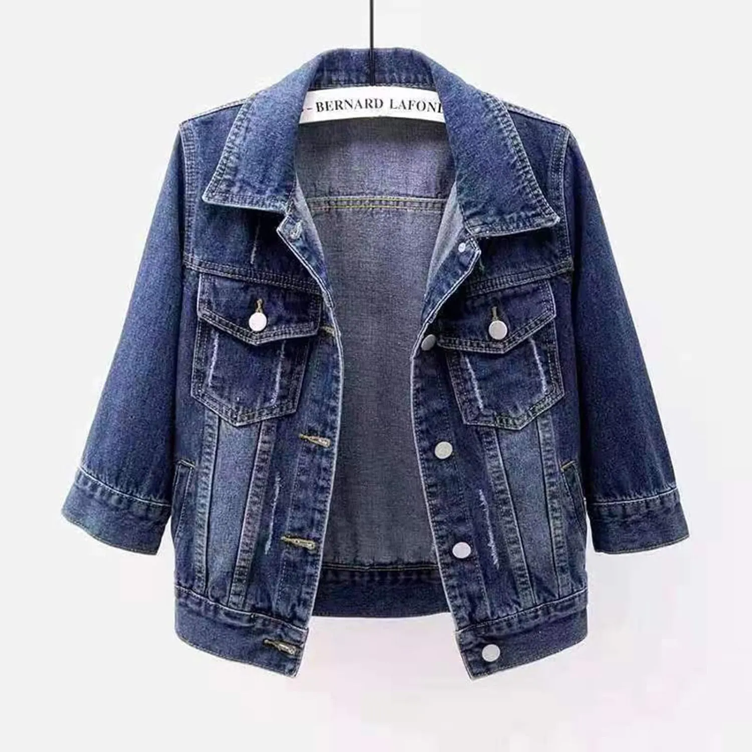 Women's Casual Denim Jackets Detachable Hoodie 3/4 Sleeve Cropped Denim Jacket Basic Button Jean Coats with Pockets