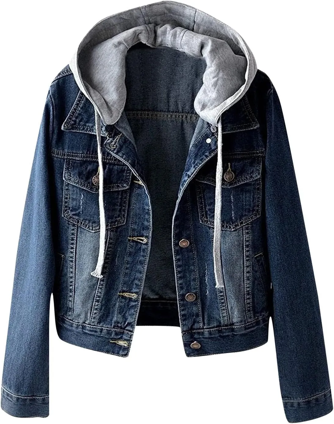 Women's Casual Denim Jackets Detachable Hoodie 3/4 Sleeve Cropped Denim Jacket Basic Button Jean Coats with Pockets