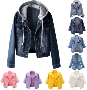 Women's Casual Denim Jackets Detachable Hoodie 3/4 Sleeve Cropped Denim Jacket Basic Button Jean Coats with Pockets