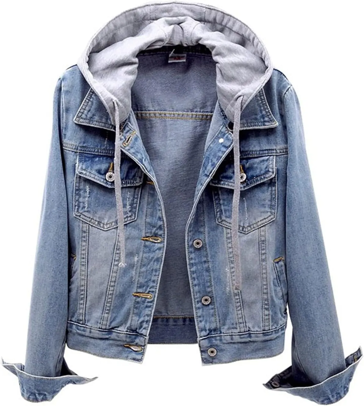 Women's Casual Denim Jackets Detachable Hoodie 3/4 Sleeve Cropped Denim Jacket Basic Button Jean Coats with Pockets