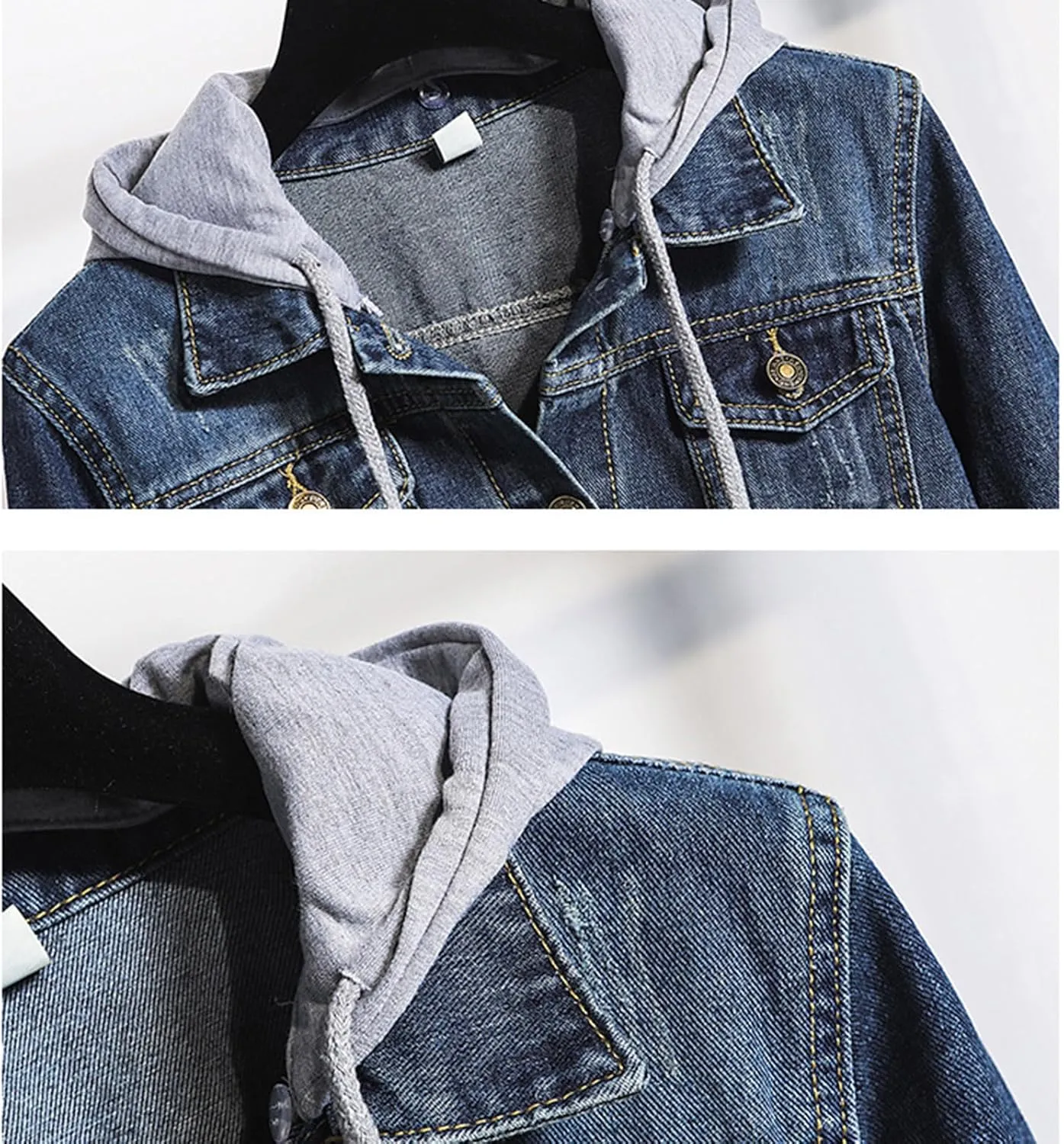 Women's Casual Denim Jackets Detachable Hoodie 3/4 Sleeve Cropped Denim Jacket Basic Button Jean Coats with Pockets