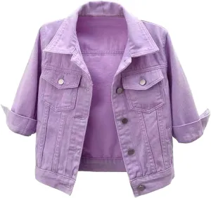 Women's Casual Denim Jackets Detachable Hoodie 3/4 Sleeve Cropped Denim Jacket Basic Button Jean Coats with Pockets