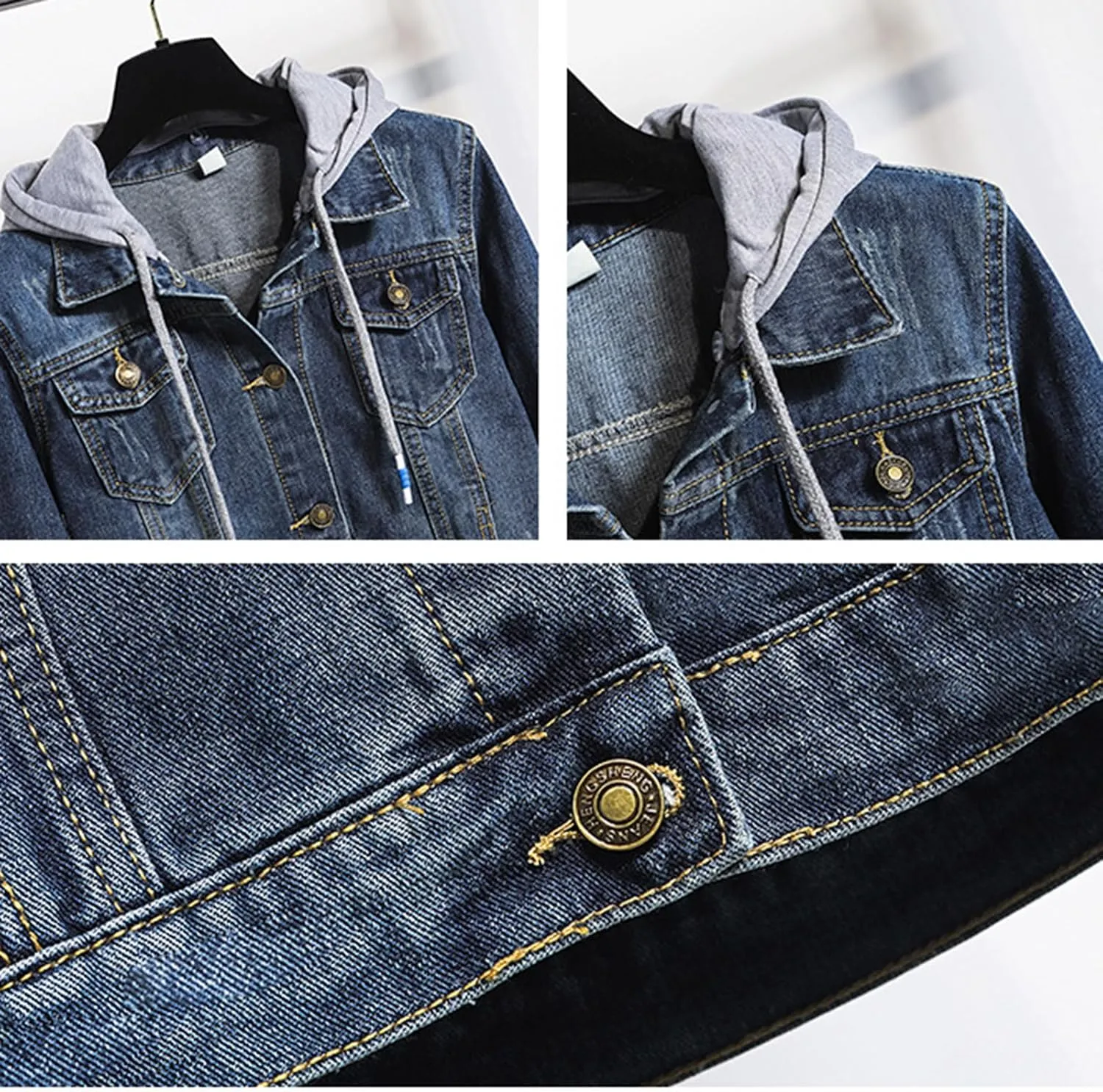 Women's Casual Denim Jackets Detachable Hoodie 3/4 Sleeve Cropped Denim Jacket Basic Button Jean Coats with Pockets