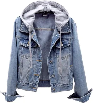 Women's Casual Denim Jackets Detachable Hoodie 3/4 Sleeve Cropped Denim Jacket Basic Button Jean Coats with Pockets