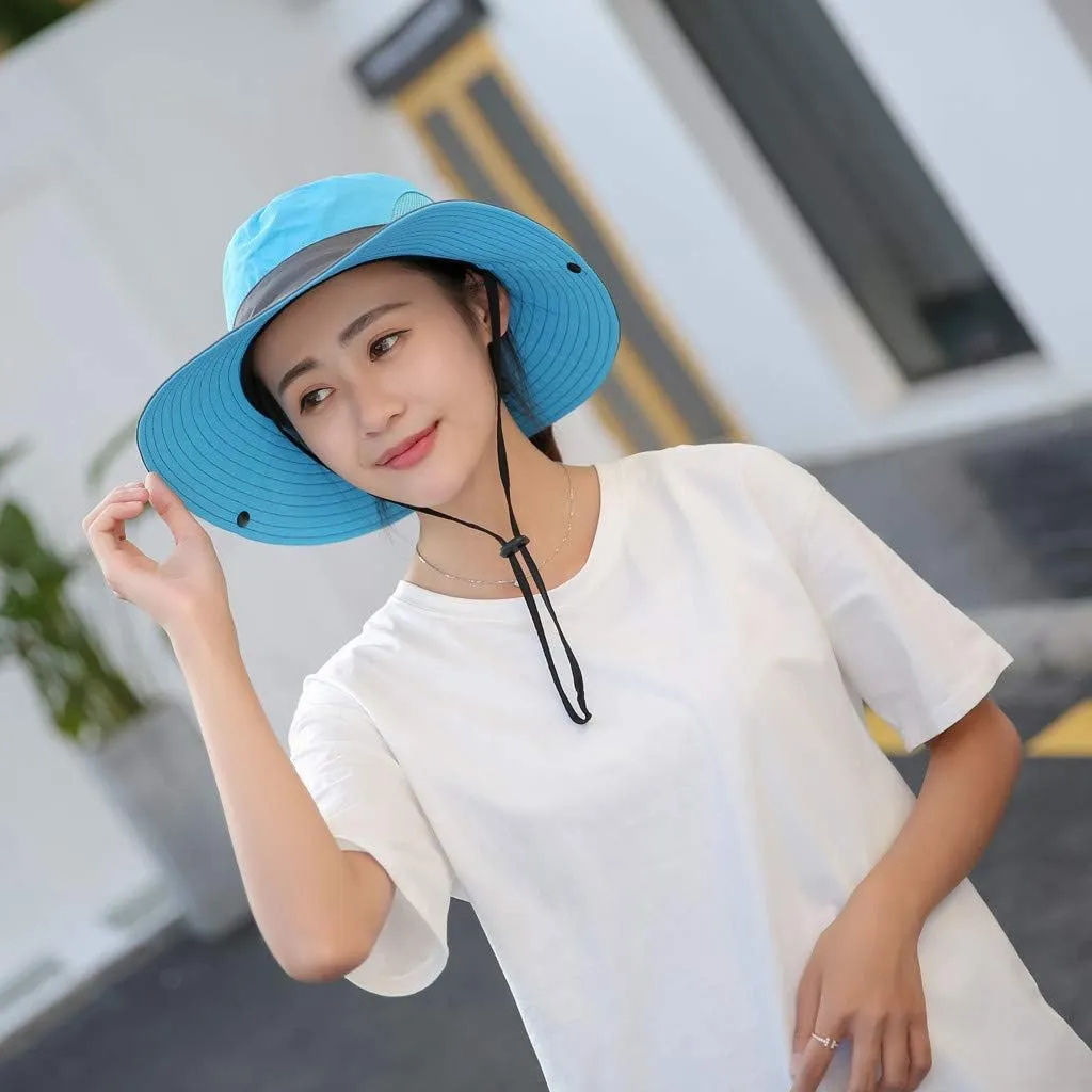 Women's Casual Fishing Bucket Hat Summer Sun Outdoor UV Protection Boonie Foldable Mesh Wide Brim Ponytail Beach Hat