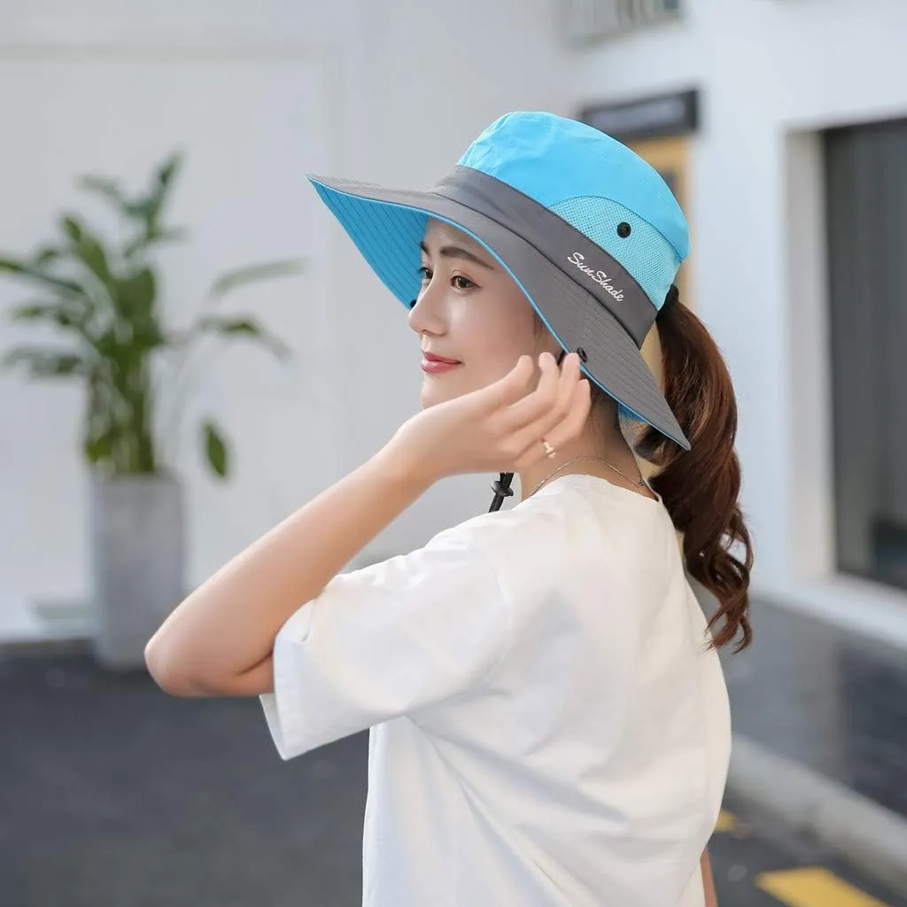 Women's Casual Fishing Bucket Hat Summer Sun Outdoor UV Protection Boonie Foldable Mesh Wide Brim Ponytail Beach Hat