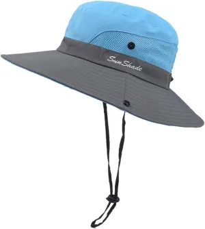 Women's Casual Fishing Bucket Hat Summer Sun Outdoor UV Protection Boonie Foldable Mesh Wide Brim Ponytail Beach Hat