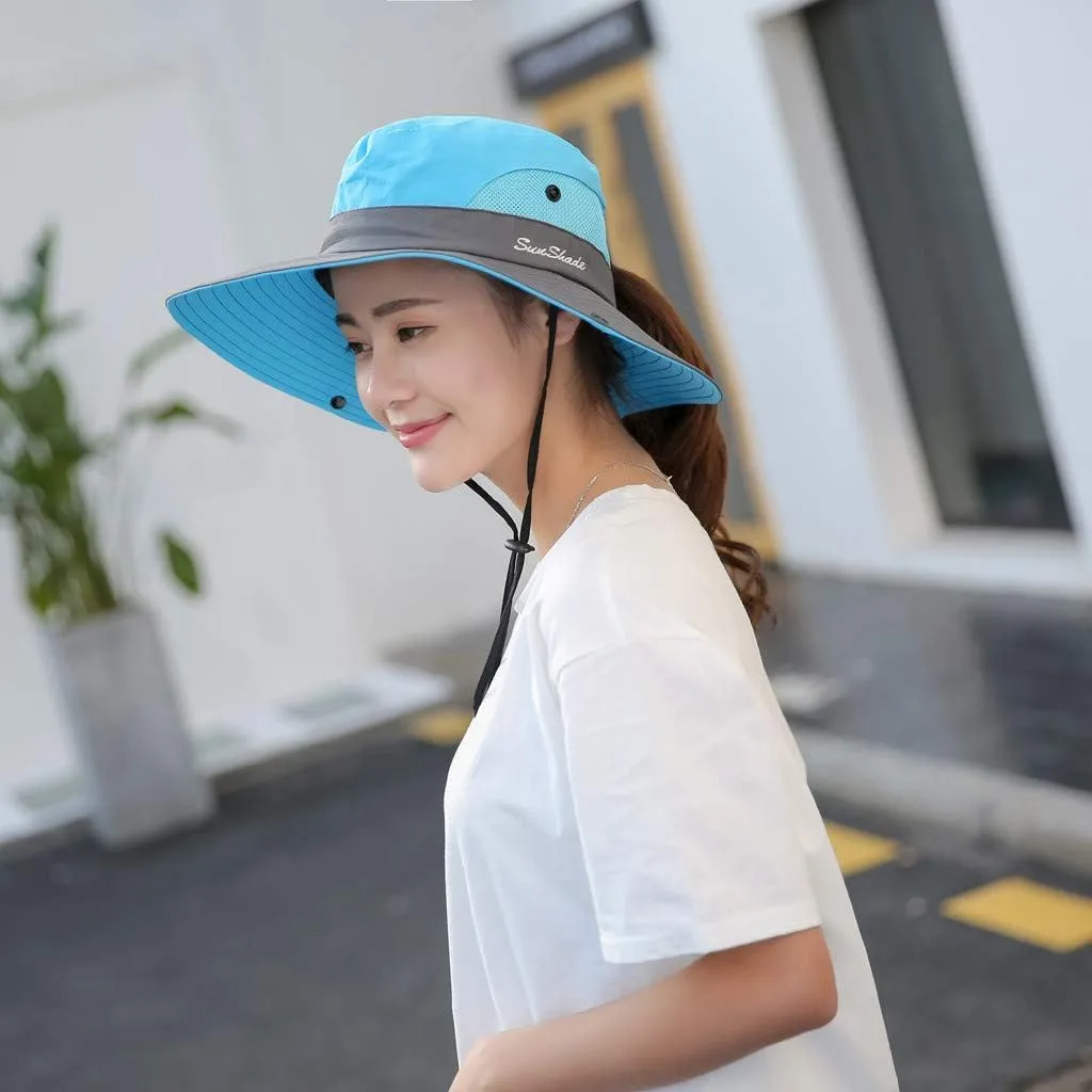Women's Casual Fishing Bucket Hat Summer Sun Outdoor UV Protection Boonie Foldable Mesh Wide Brim Ponytail Beach Hat