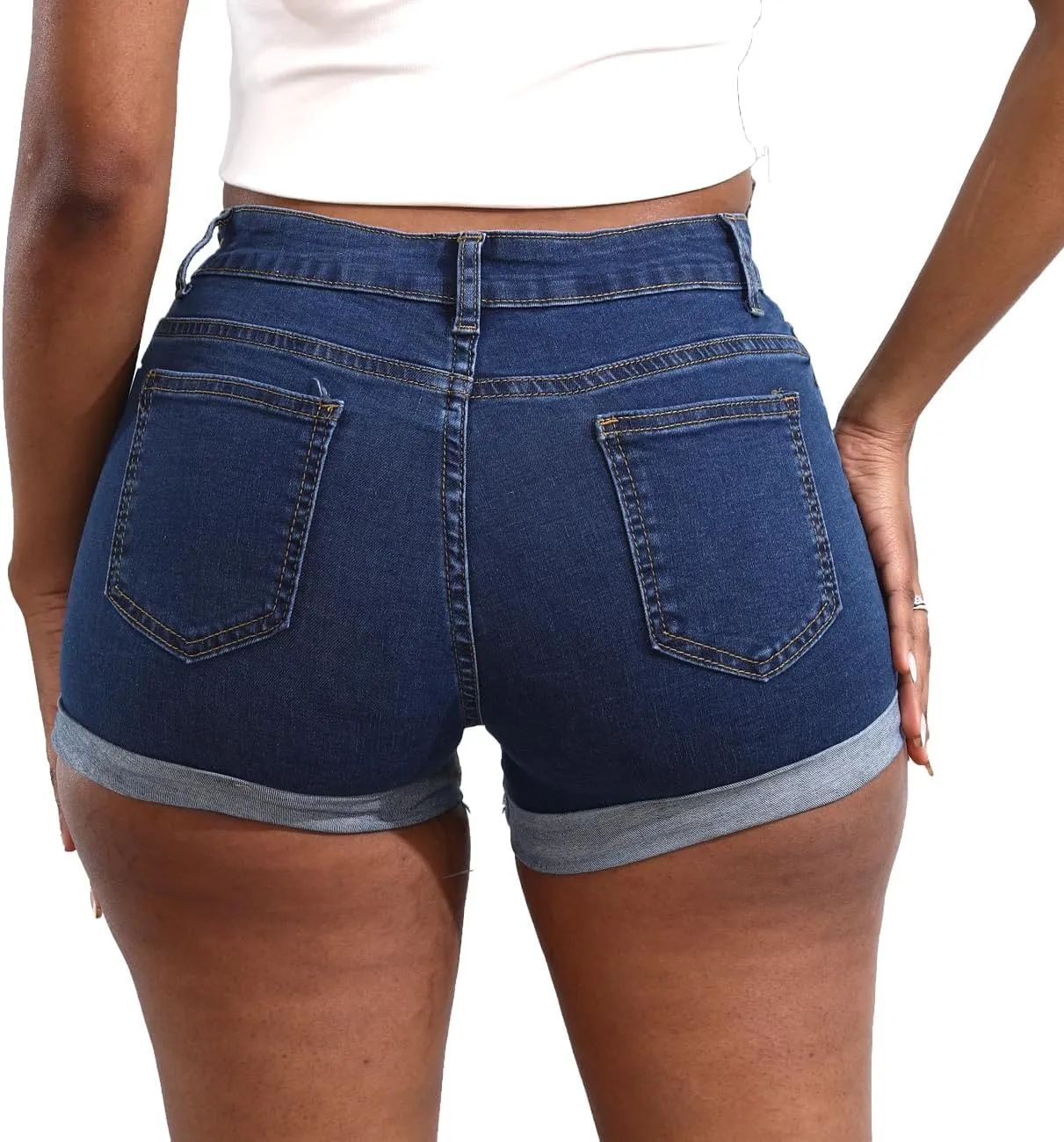 Women's Casual Stretchy Denim Shorts High Waisted Folded Hem Jeans Shorts