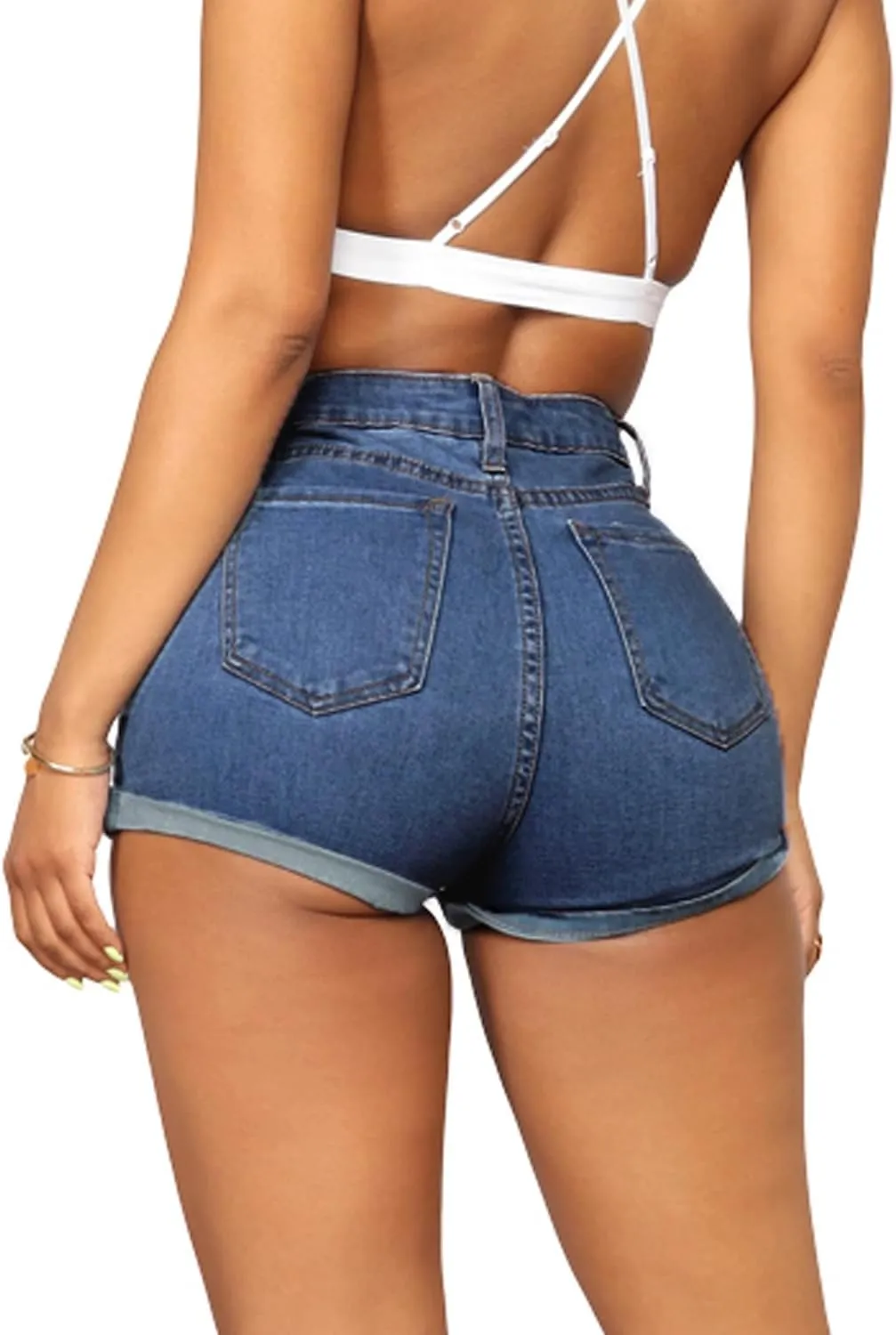 Women's Casual Stretchy Denim Shorts High Waisted Folded Hem Jeans Shorts