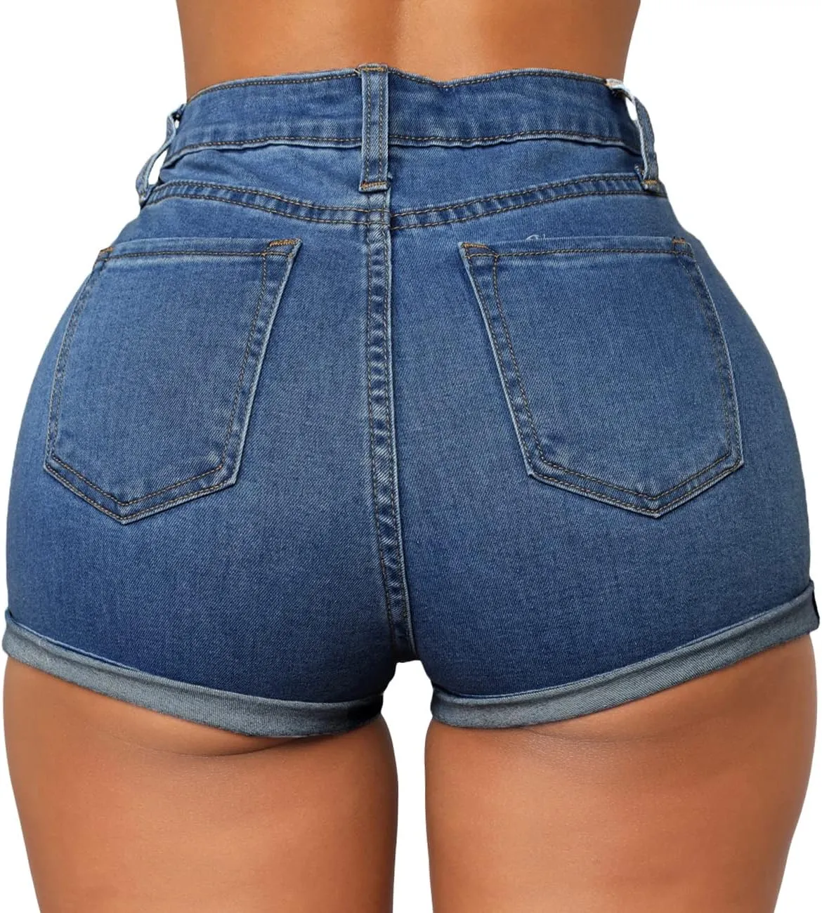 Women's Casual Stretchy Denim Shorts High Waisted Folded Hem Jeans Shorts