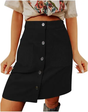 Women's Corduroy Midi Skirts High Waist Button Front A-Line Skirt Solid Slim Fit Knee Length Vintage