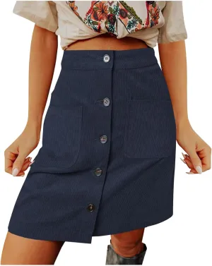 Women's Corduroy Midi Skirts High Waist Button Front A-Line Skirt Solid Slim Fit Knee Length Vintage