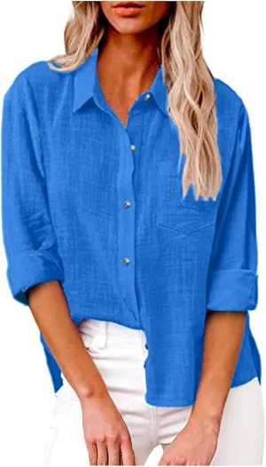 Womens Cotton Linen Button Down Shirt 2025 Fall Casual Long Sleeve Solid Color Shirts Loose Tops with Pockets