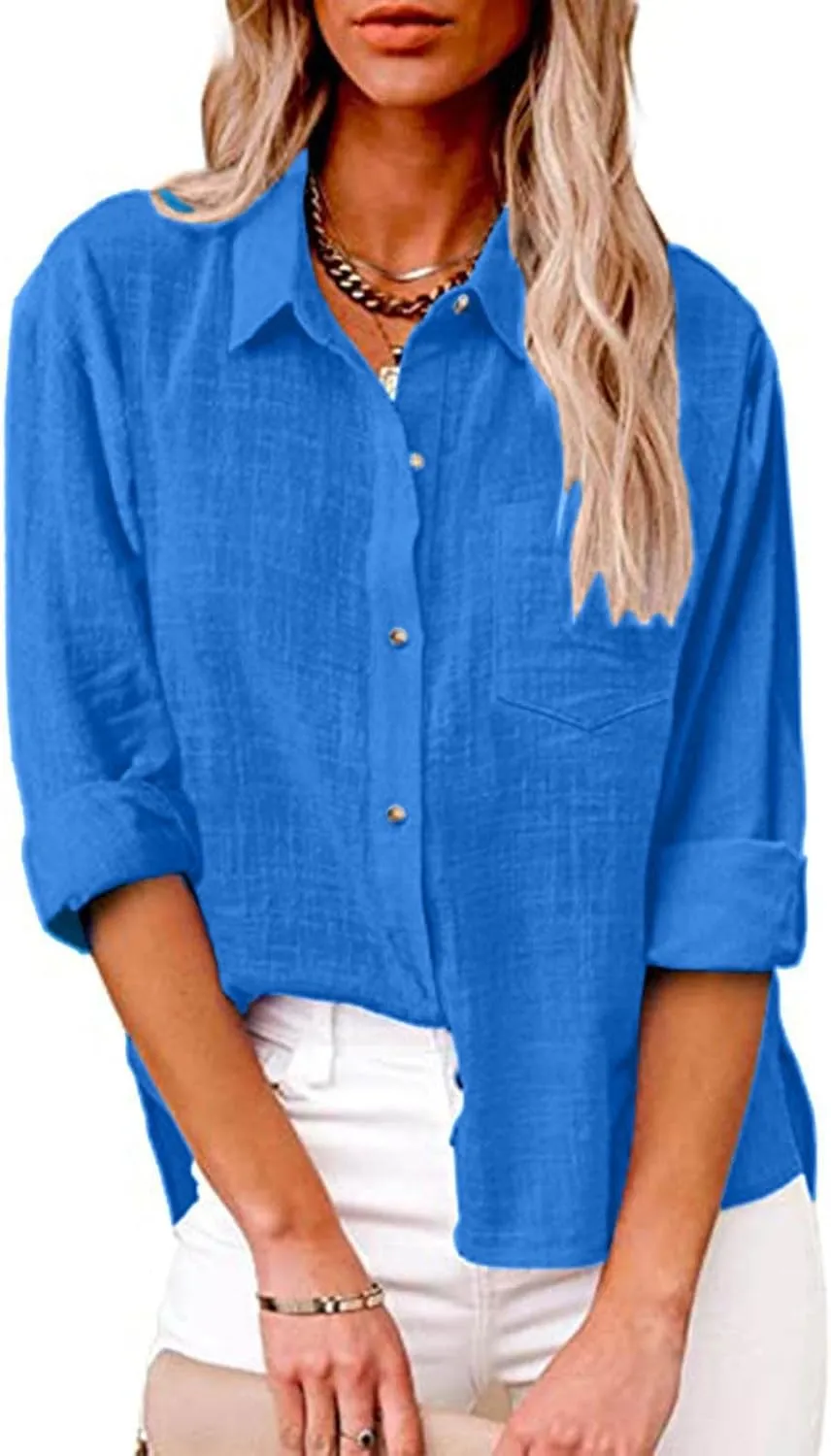 Womens Cotton Linen Button Down Shirt 2025 Fall Casual Long Sleeve Solid Color Shirts Loose Tops with Pockets