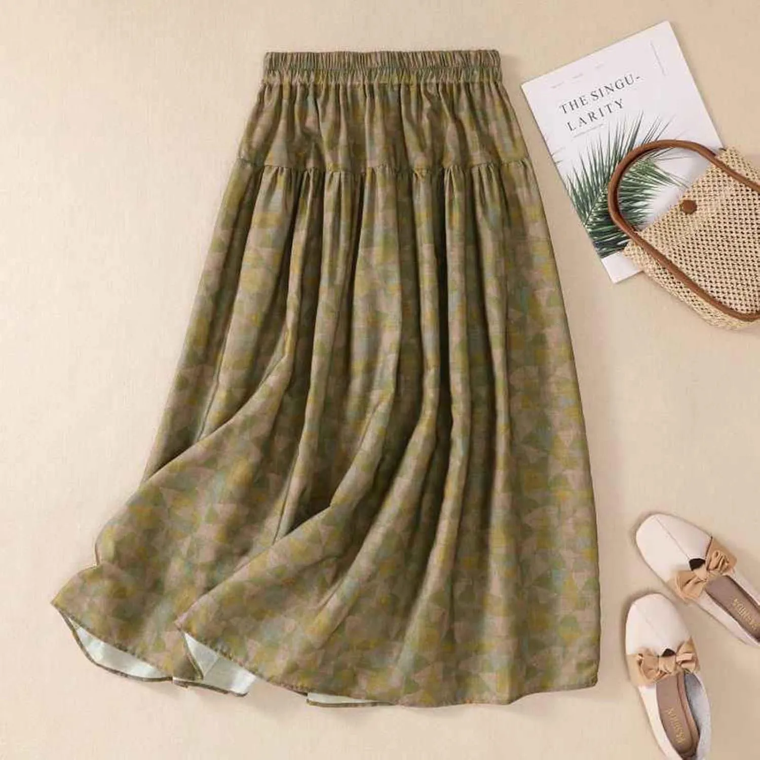 Women's Cotton Linen Skirt, Summer Boho Floral Print Flowy Midi Skirts Elastic Waist Loose Comfy Casual Skirts
