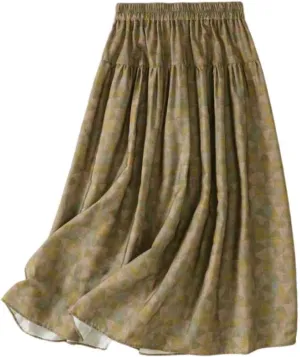 Women's Cotton Linen Skirt, Summer Boho Floral Print Flowy Midi Skirts Elastic Waist Loose Comfy Casual Skirts