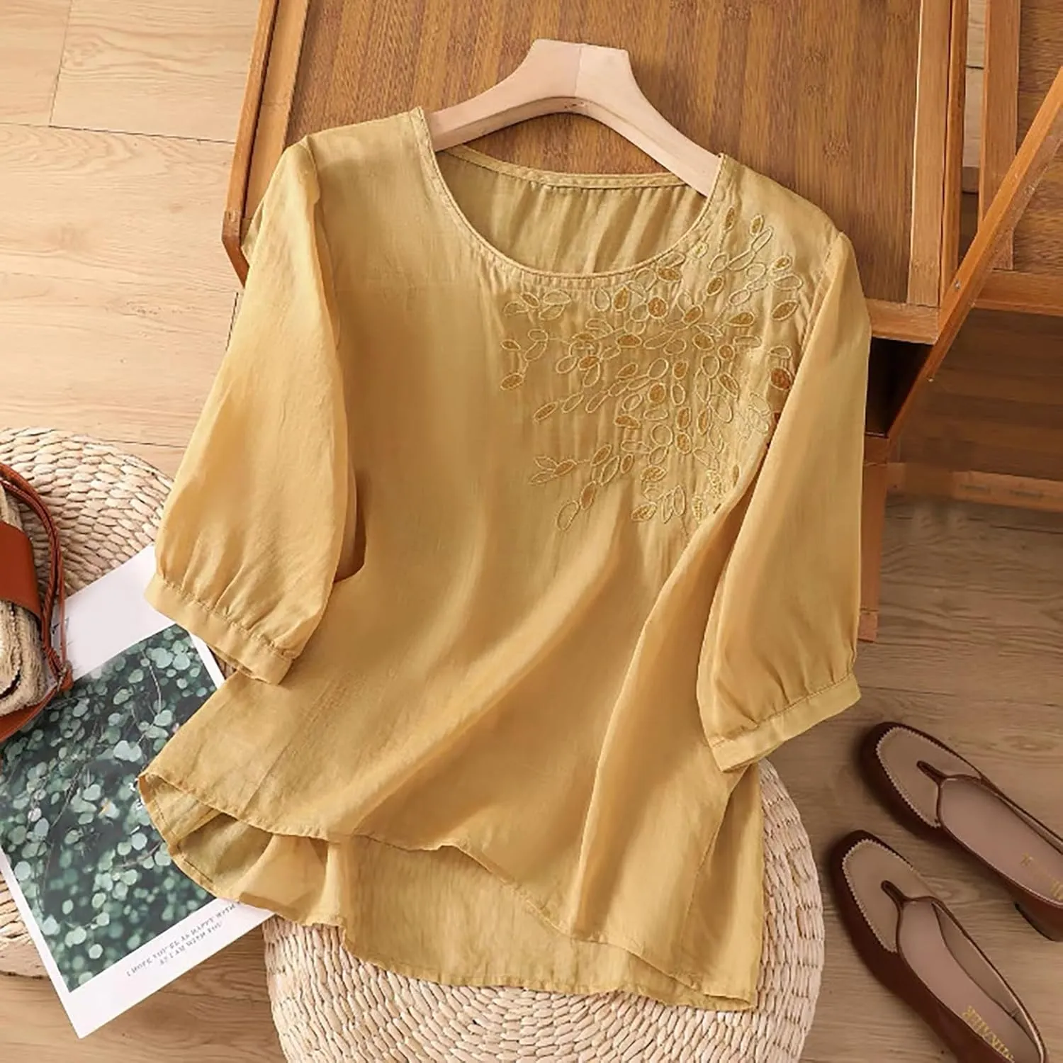 Womens Cotton Linen Tops 2025 Summer Half Sleeve Shirts Loose Crewneck Casual Boho Tops Vintage Embroidered Blouses