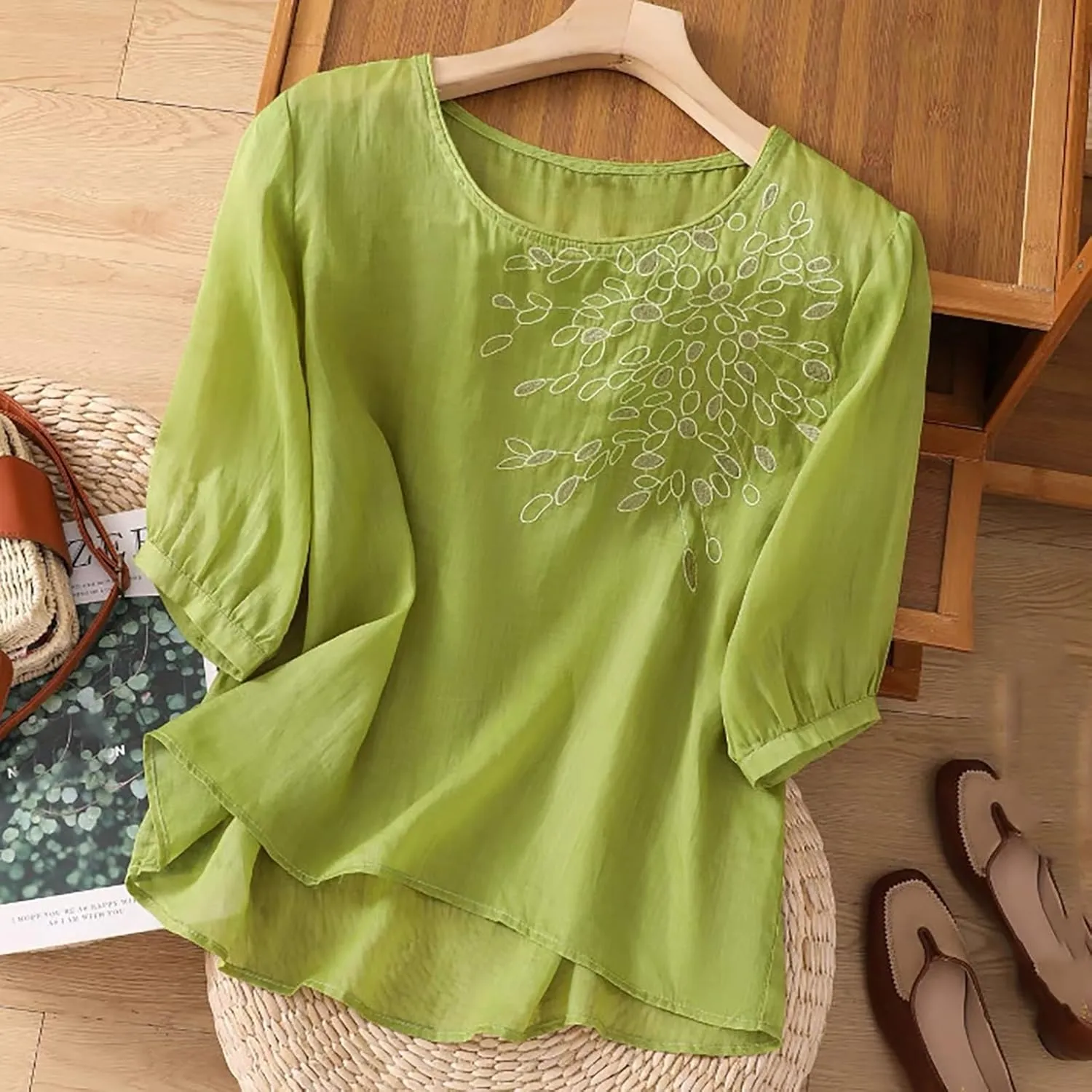Womens Cotton Linen Tops 2025 Summer Half Sleeve Shirts Loose Crewneck Casual Boho Tops Vintage Embroidered Blouses
