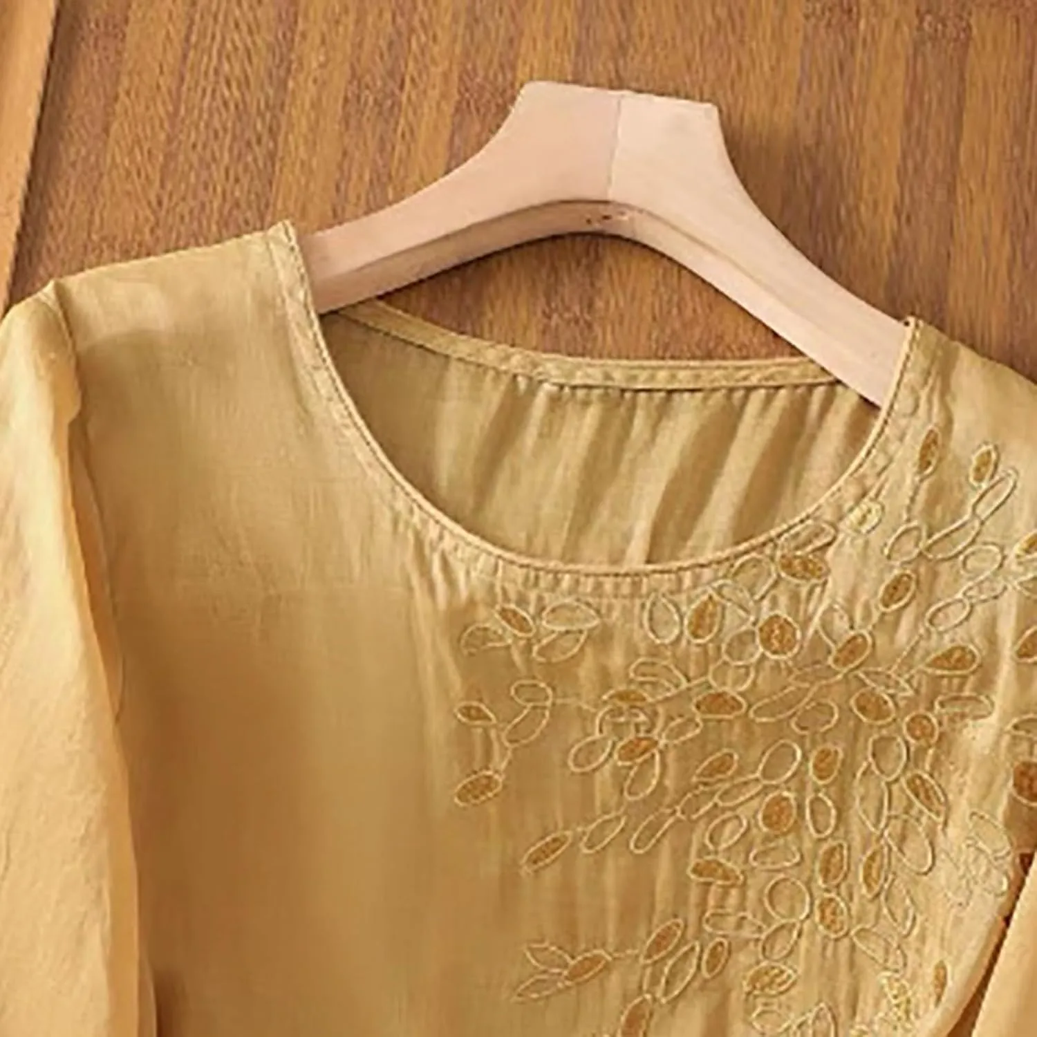 Womens Cotton Linen Tops 2025 Summer Half Sleeve Shirts Loose Crewneck Casual Boho Tops Vintage Embroidered Blouses