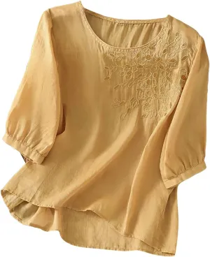 Womens Cotton Linen Tops 2025 Summer Half Sleeve Shirts Loose Crewneck Casual Boho Tops Vintage Embroidered Blouses
