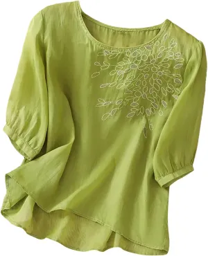 Womens Cotton Linen Tops 2025 Summer Half Sleeve Shirts Loose Crewneck Casual Boho Tops Vintage Embroidered Blouses