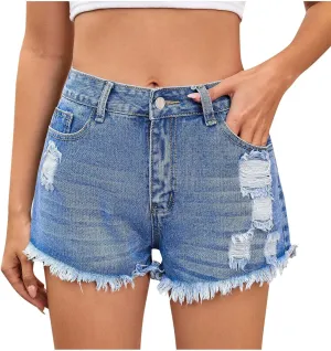 Women's Denim Shorts 2025 Summer High Rise Ripped Stretchy Jean Shorts Distressed Frayed Raw Hem Casual Short Jeans
