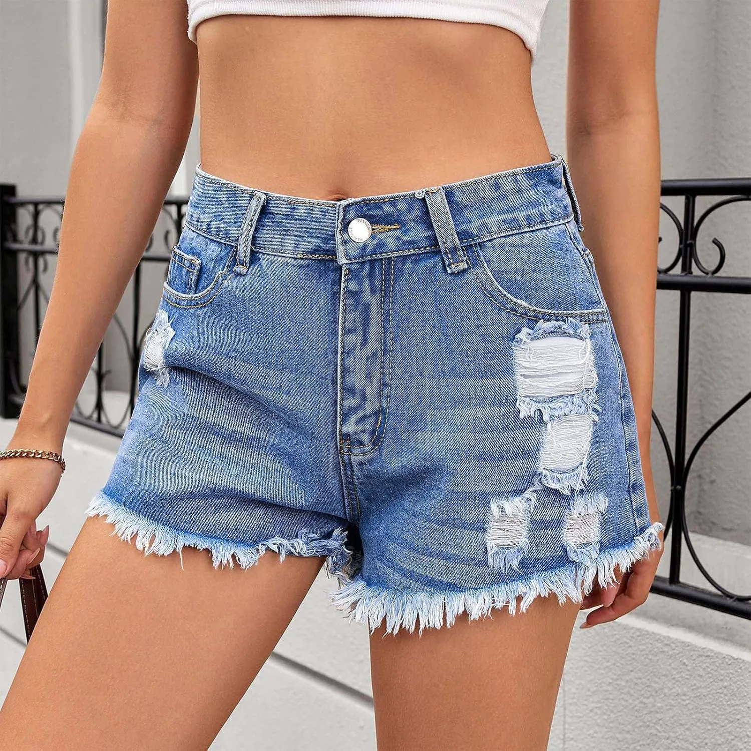 Women's Denim Shorts 2025 Summer High Rise Ripped Stretchy Jean Shorts Distressed Frayed Raw Hem Casual Short Jeans