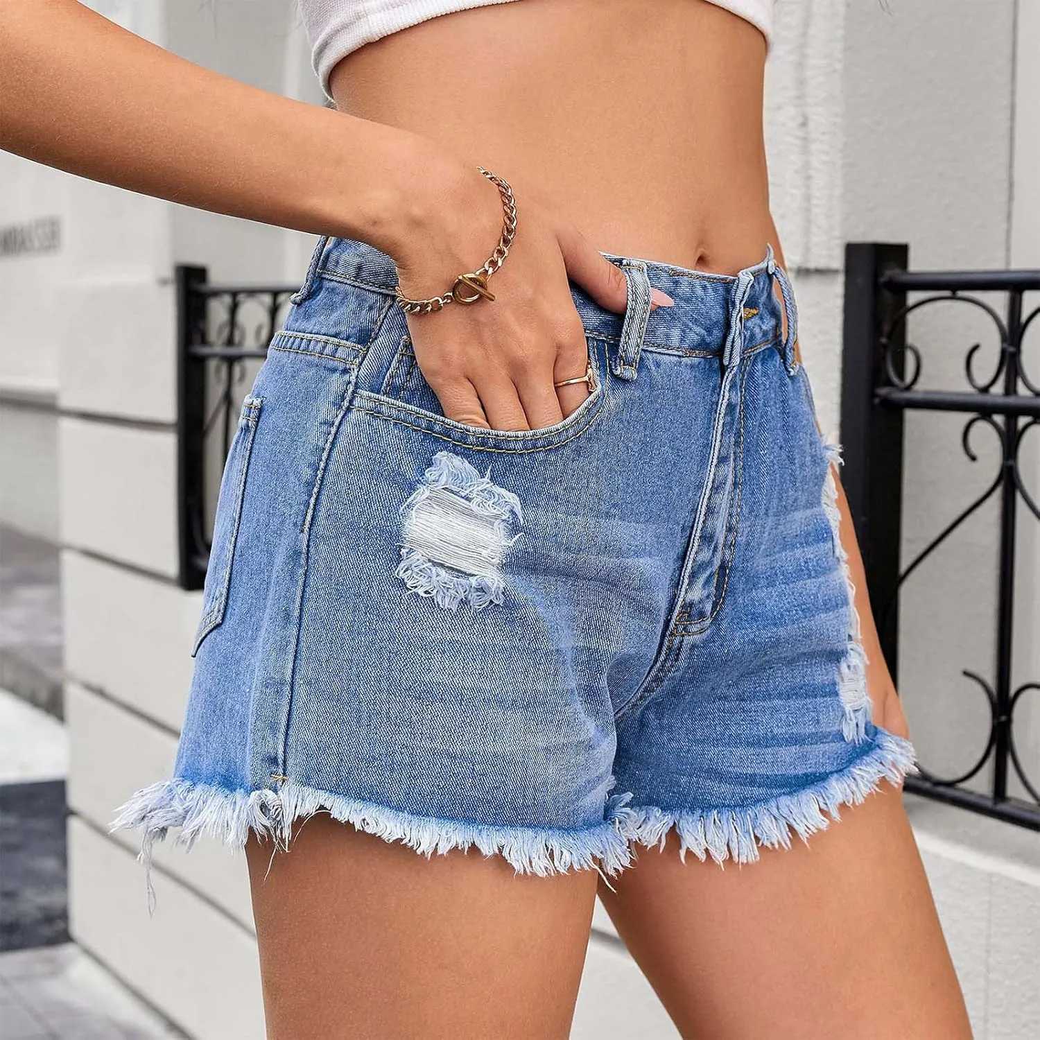 Women's Denim Shorts 2025 Summer High Rise Ripped Stretchy Jean Shorts Distressed Frayed Raw Hem Casual Short Jeans