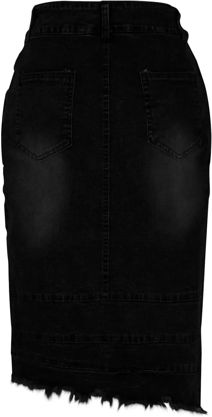Women's Destroyed Mid Length Denim Wrap Skirt Asymmetrical Hem Bodycon Cowboy Skirts Spring Trendy Casual Skirt
