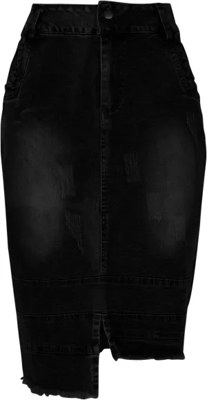 Women's Destroyed Mid Length Denim Wrap Skirt Asymmetrical Hem Bodycon Cowboy Skirts Spring Trendy Casual Skirt