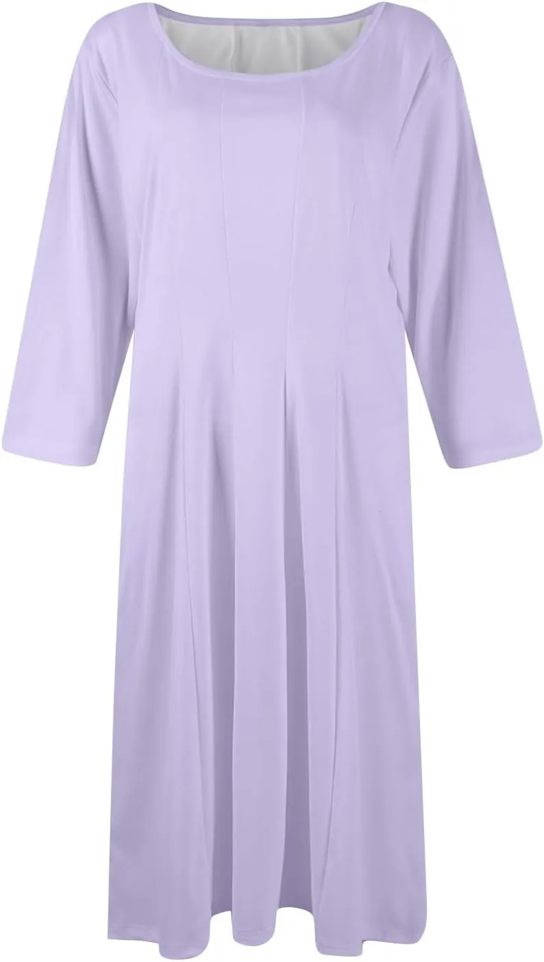 Womens Dress 3/4 Sleeve Spring A Line Dress Solid Plain High Waist Midi Dresses Summer Round Neck Dresses with Pocket